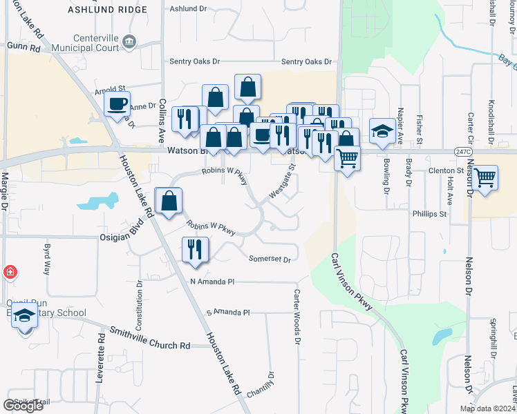 map of restaurants, bars, coffee shops, grocery stores, and more near 101 Robins West Parkway in Warner Robins