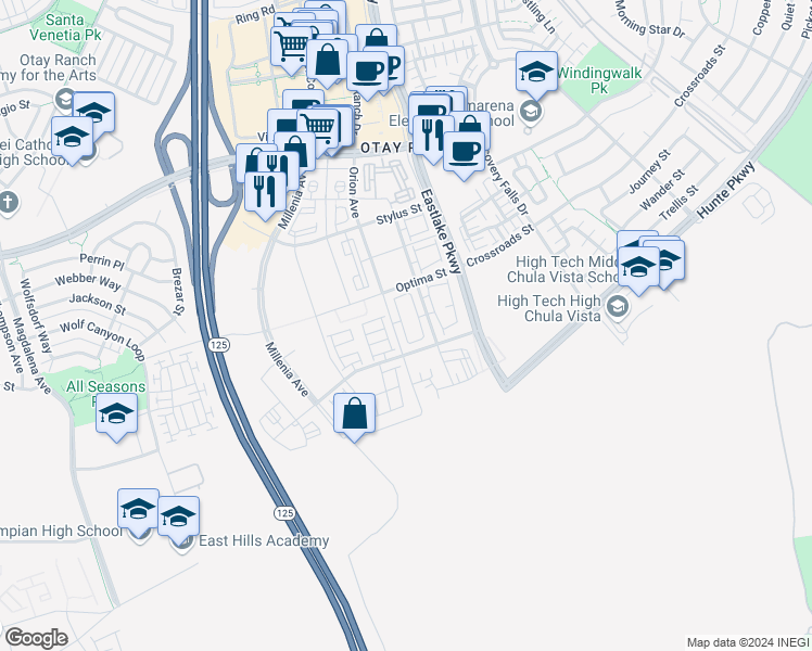 map of restaurants, bars, coffee shops, grocery stores, and more near 3001 Bravo Loop in Chula Vista