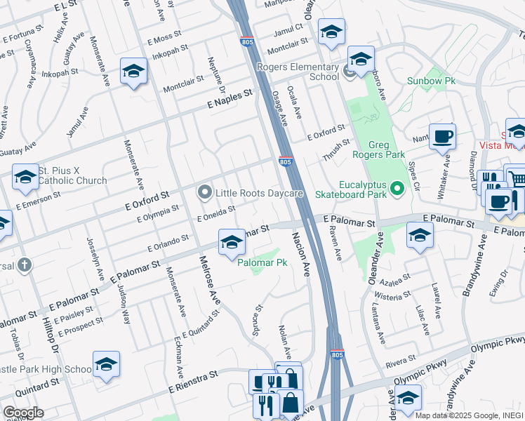 map of restaurants, bars, coffee shops, grocery stores, and more near 1267 Sonoma Court in Chula Vista