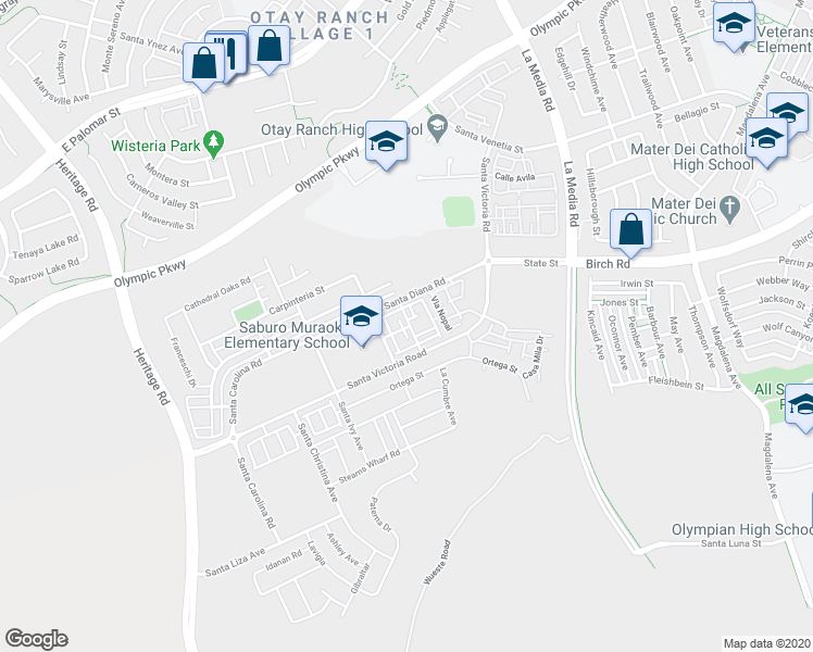 map of restaurants, bars, coffee shops, grocery stores, and more near 1426 Santa Diana Road in Chula Vista