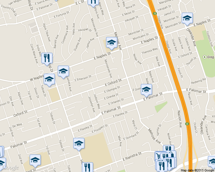 map of restaurants, bars, coffee shops, grocery stores, and more near 195 East Oxford Street in Chula Vista