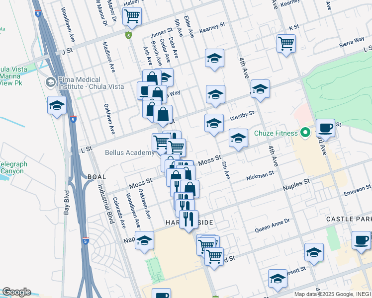 map of restaurants, bars, coffee shops, grocery stores, and more near 549 Arizona Street in Chula Vista