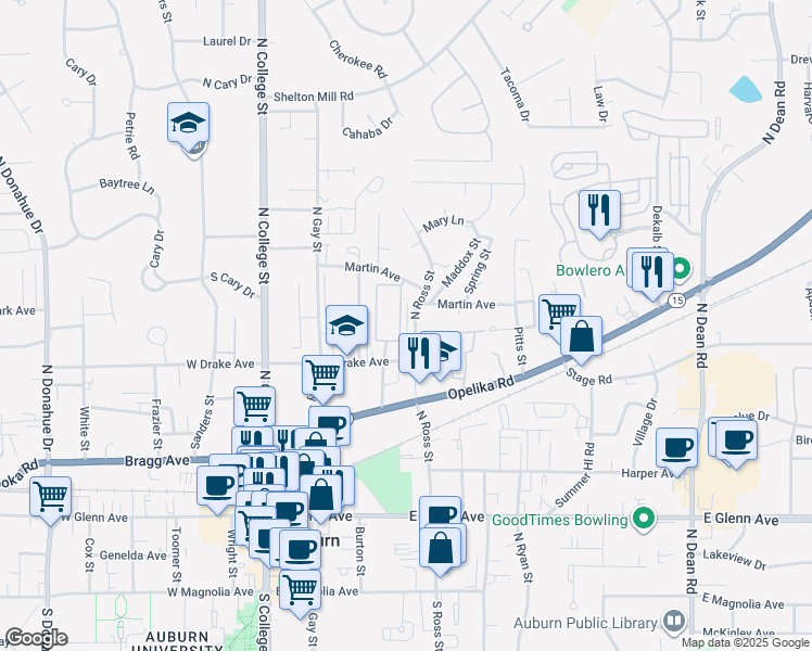 map of restaurants, bars, coffee shops, grocery stores, and more near 553 North Ross Street in Auburn