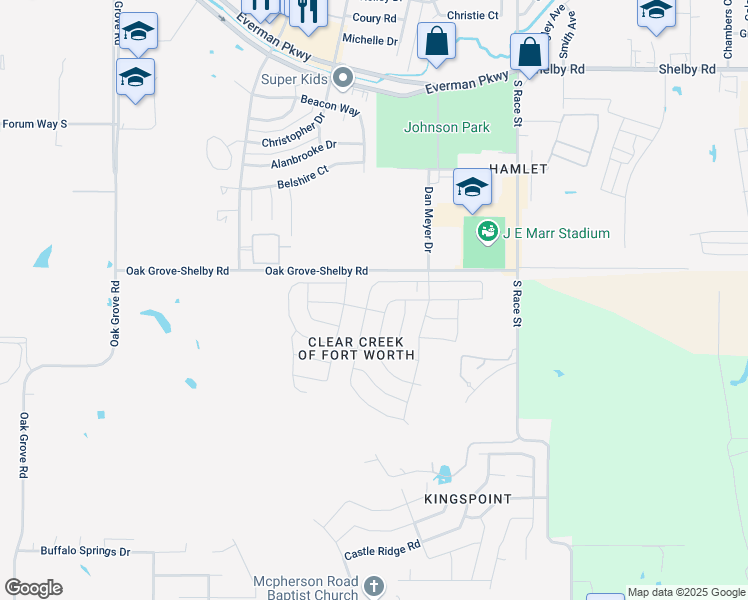 map of restaurants, bars, coffee shops, grocery stores, and more near 500 Oak Grove-Shelby Road in Everman