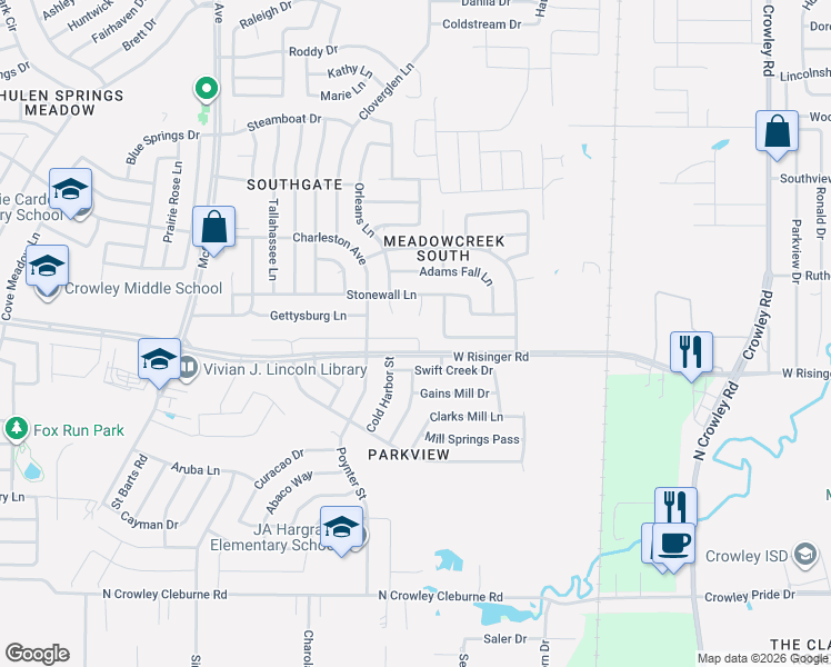 map of restaurants, bars, coffee shops, grocery stores, and more near 8617 Stonewall Court in Fort Worth