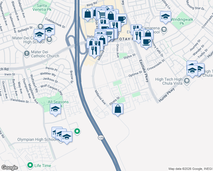 map of restaurants, bars, coffee shops, grocery stores, and more near 1907 Capella Street in Chula Vista