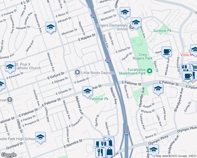 map of restaurants, bars, coffee shops, grocery stores, and more near 1267 Sonoma Court in Chula Vista