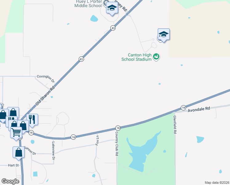 map of restaurants, bars, coffee shops, grocery stores, and more near 2117 Mississippi 43 in Canton