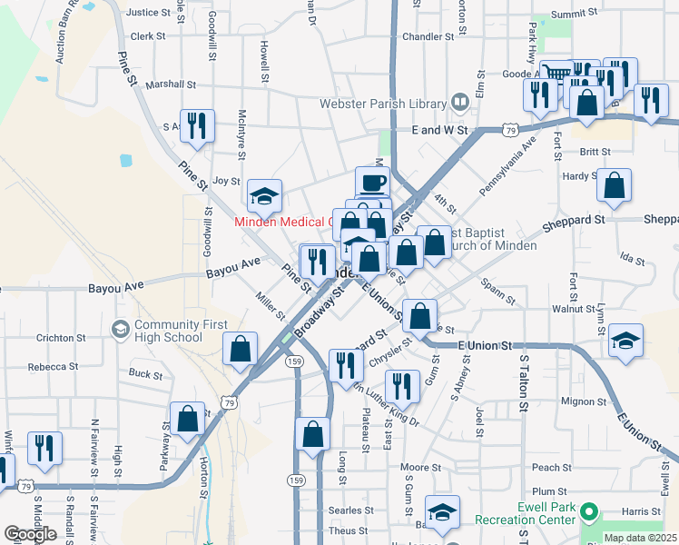 map of restaurants, bars, coffee shops, grocery stores, and more near in Minden