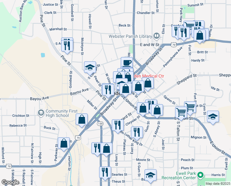 map of restaurants, bars, coffee shops, grocery stores, and more near U.S. 79 in Minden