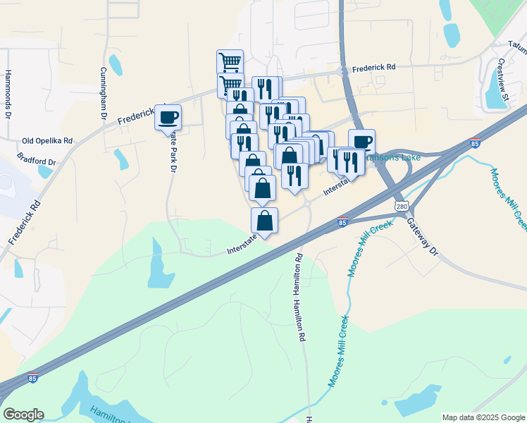 map of restaurants, bars, coffee shops, grocery stores, and more near 2774 Enterprise Drive in Opelika