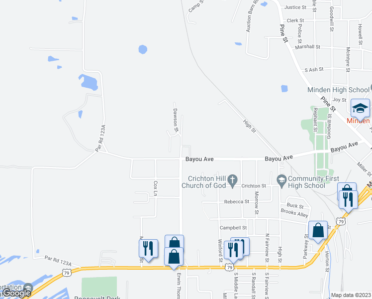 map of restaurants, bars, coffee shops, grocery stores, and more near 900 Bayou Avenue in Minden