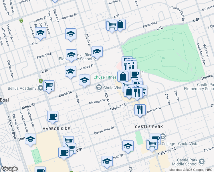 map of restaurants, bars, coffee shops, grocery stores, and more near 1025 4th Avenue in Chula Vista