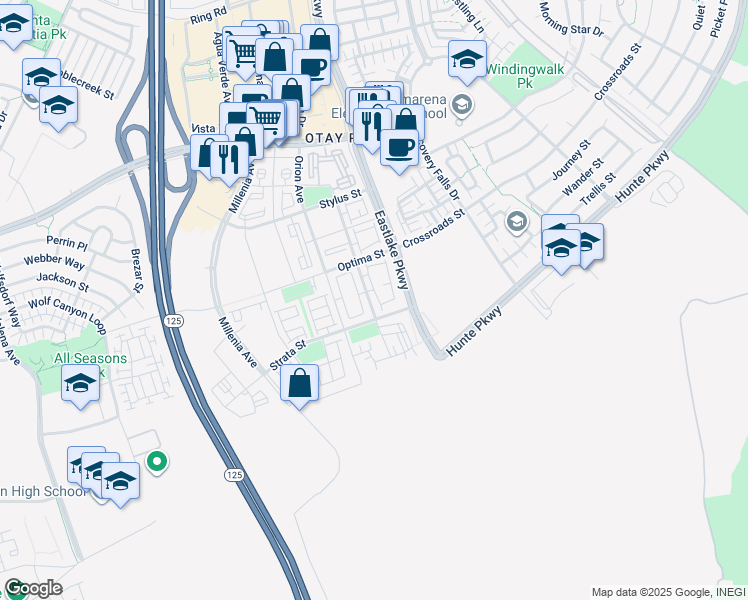 map of restaurants, bars, coffee shops, grocery stores, and more near 2092 Tango Loop in Chula Vista