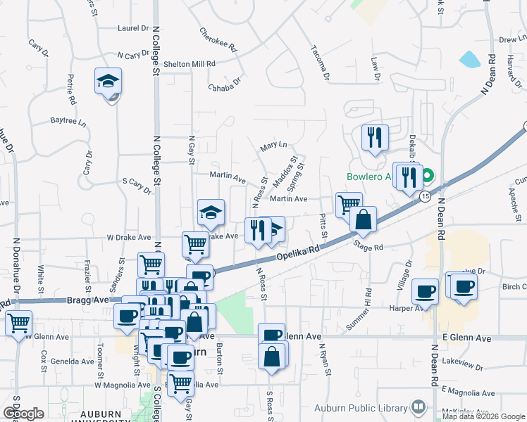 map of restaurants, bars, coffee shops, grocery stores, and more near 534 North Ross Street in Auburn