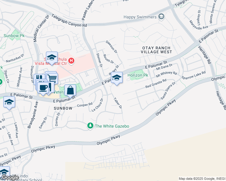 map of restaurants, bars, coffee shops, grocery stores, and more near 1425 Taber Drive in Chula Vista
