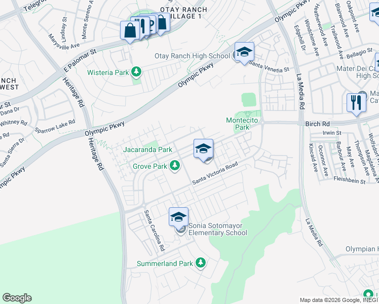 map of restaurants, bars, coffee shops, grocery stores, and more near 1381 Santa Diana Road in Chula Vista