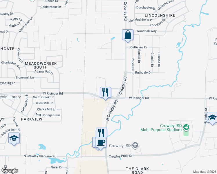 map of restaurants, bars, coffee shops, grocery stores, and more near 9616 Crowley Road in Fort Worth