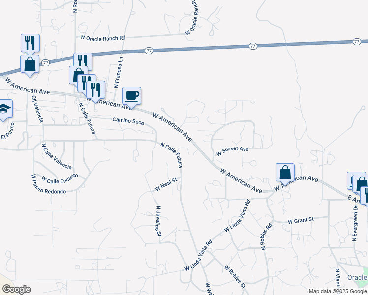 map of restaurants, bars, coffee shops, grocery stores, and more near 1551 North Calle Futura in Oracle