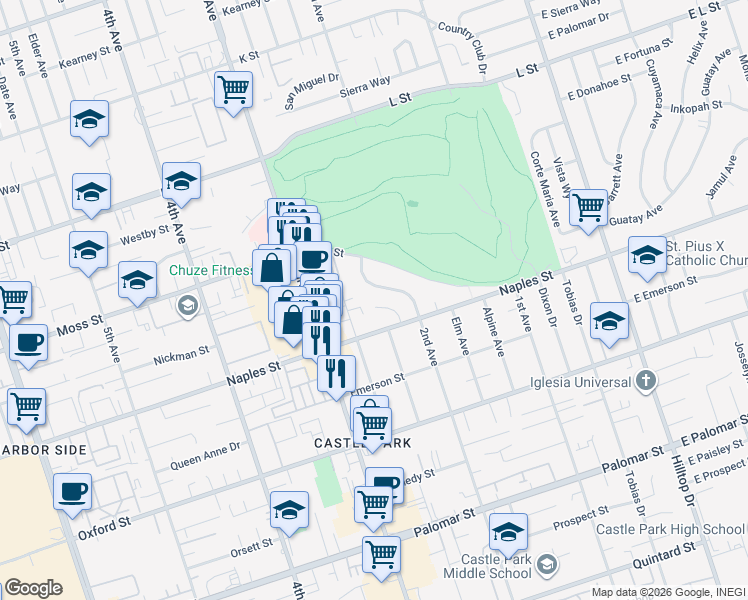 map of restaurants, bars, coffee shops, grocery stores, and more near 1046 2nd Avenue in Chula Vista