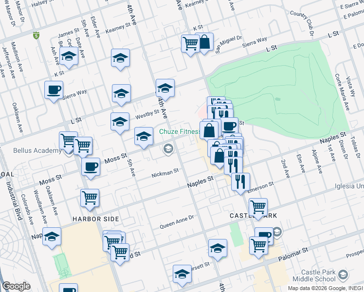 map of restaurants, bars, coffee shops, grocery stores, and more near 365 Moss Street in Chula Vista