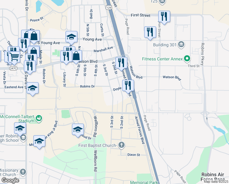 map of restaurants, bars, coffee shops, grocery stores, and more near 214 South 3rd Street in Warner Robins