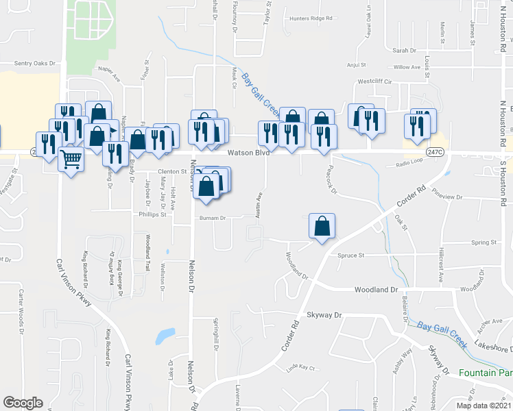 map of restaurants, bars, coffee shops, grocery stores, and more near 115 Austin Avenue in Warner Robins
