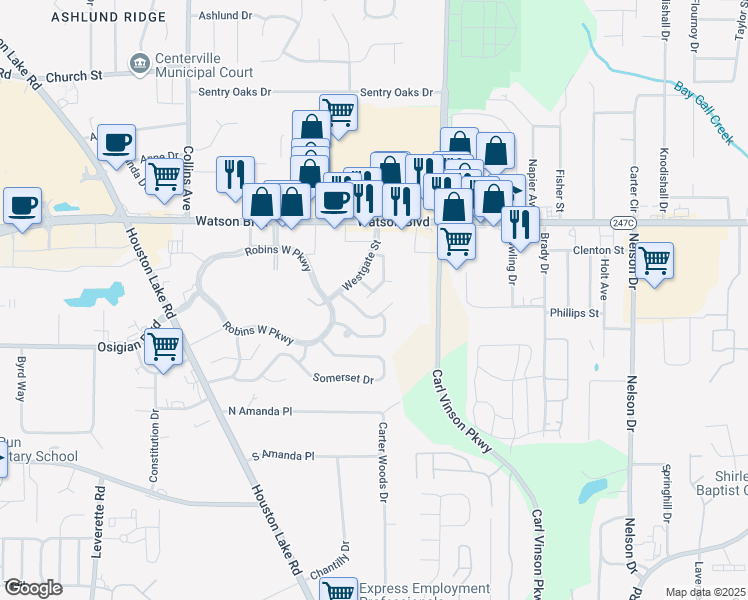 map of restaurants, bars, coffee shops, grocery stores, and more near 121 Westbury Court in Warner Robins