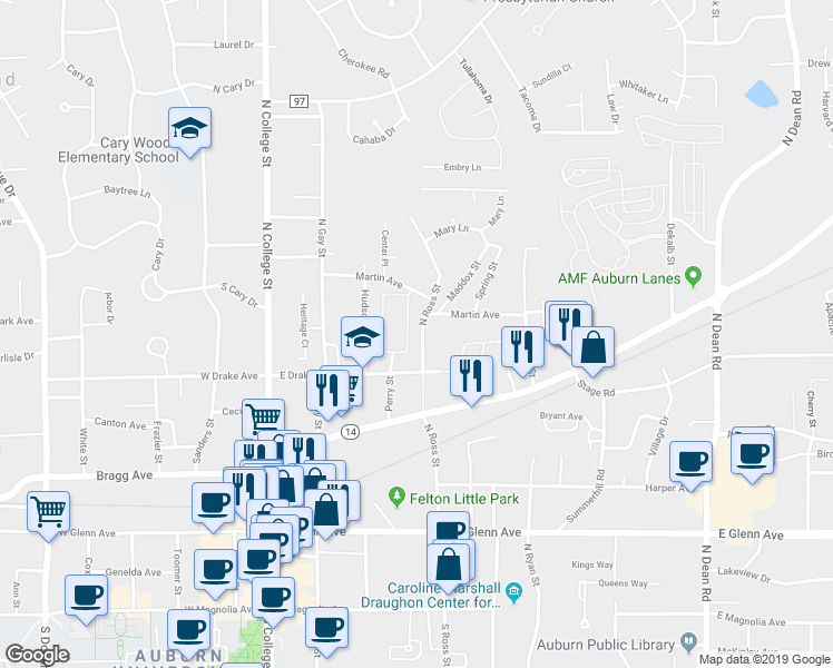 map of restaurants, bars, coffee shops, grocery stores, and more near 553 North Ross Street in Auburn