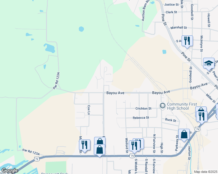 map of restaurants, bars, coffee shops, grocery stores, and more near 900 Bayou Avenue in Minden