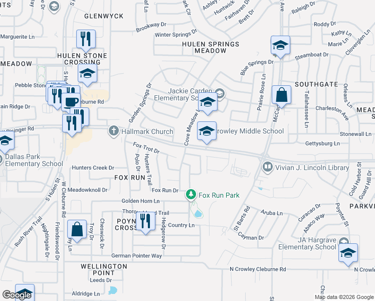 map of restaurants, bars, coffee shops, grocery stores, and more near 8652 Cove Meadow Lane in Fort Worth