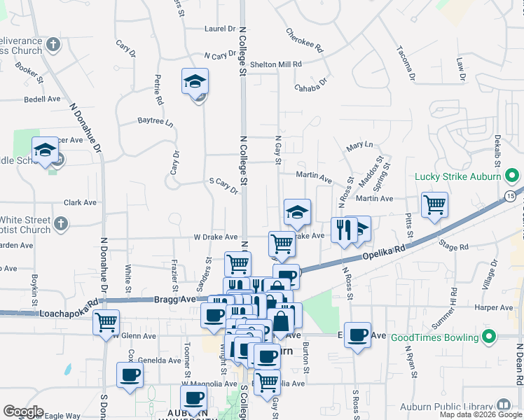 map of restaurants, bars, coffee shops, grocery stores, and more near 551 Heritage Court in Auburn