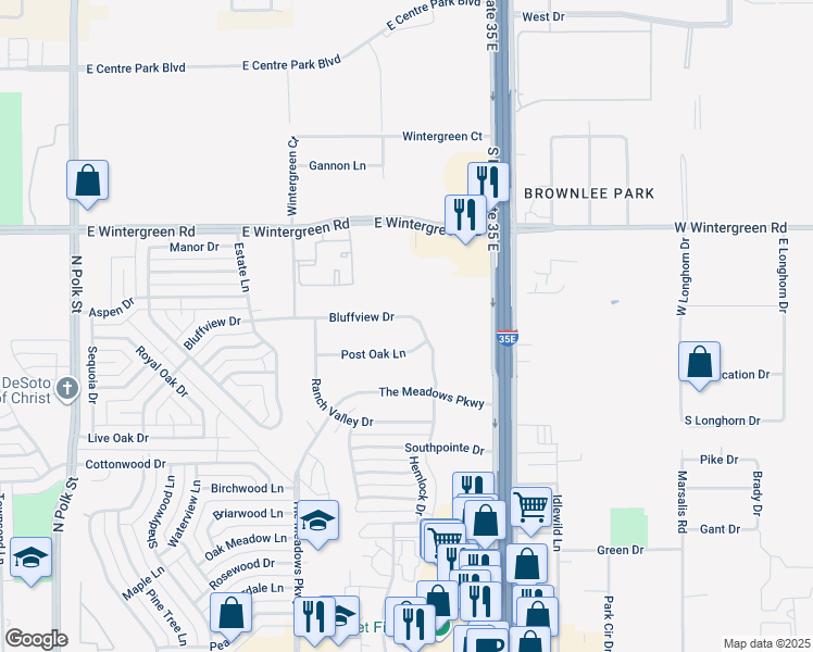 map of restaurants, bars, coffee shops, grocery stores, and more near 1216 Bluffview Drive in DeSoto