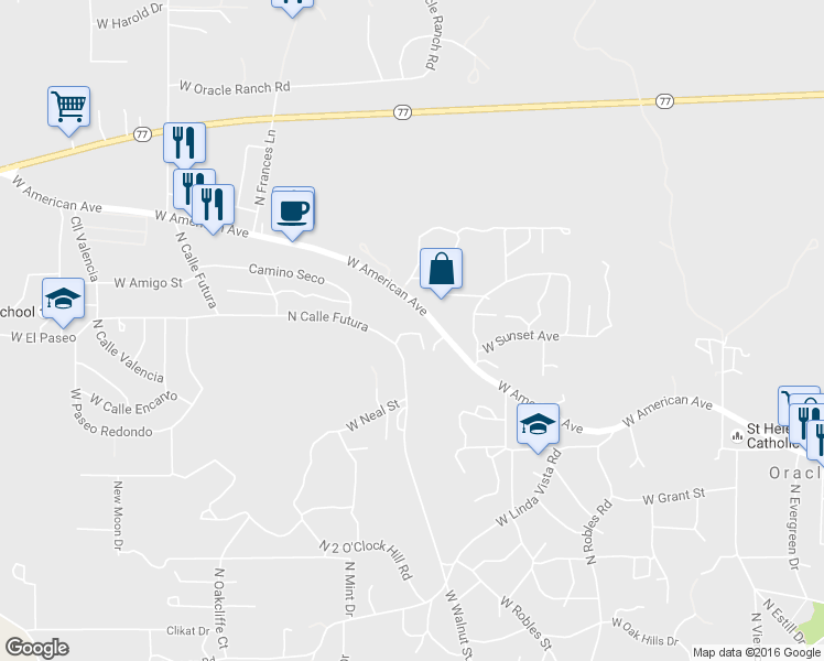 map of restaurants, bars, coffee shops, grocery stores, and more near 1551 North Calle Futura in Oracle