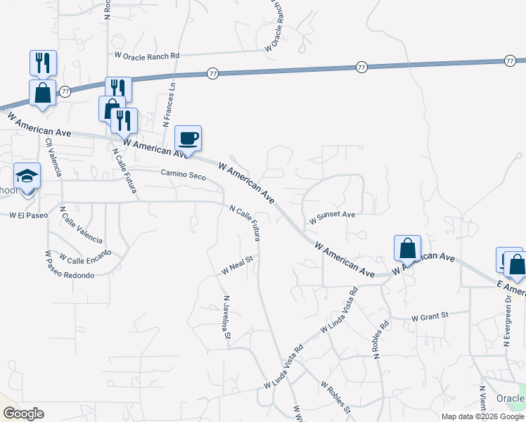 map of restaurants, bars, coffee shops, grocery stores, and more near 1551 North Calle Futura in Oracle