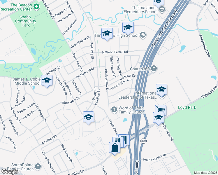 map of restaurants, bars, coffee shops, grocery stores, and more near 7728 Black Willow Lane in Arlington