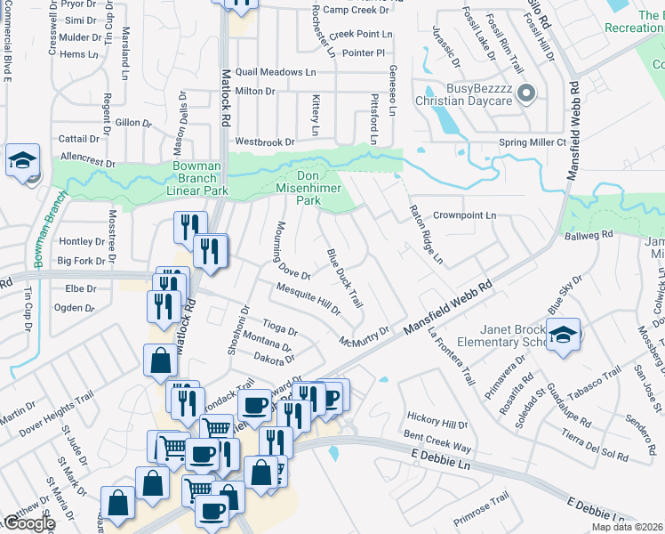 map of restaurants, bars, coffee shops, grocery stores, and more near 7939 Blue Duck Trail in Arlington