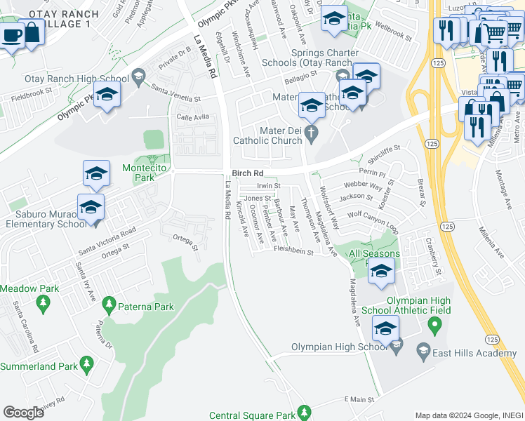 map of restaurants, bars, coffee shops, grocery stores, and more near 1690 Pember Avenue in Chula Vista