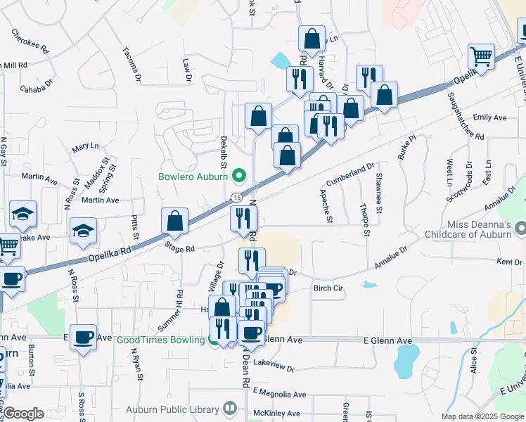 map of restaurants, bars, coffee shops, grocery stores, and more near 472 North Dean Road in Auburn