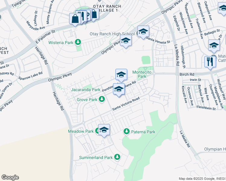 map of restaurants, bars, coffee shops, grocery stores, and more near 1395 Santa Diana Road in Chula Vista