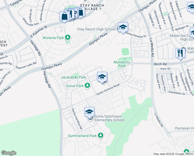 map of restaurants, bars, coffee shops, grocery stores, and more near 1395 Santa Diana Road in Chula Vista