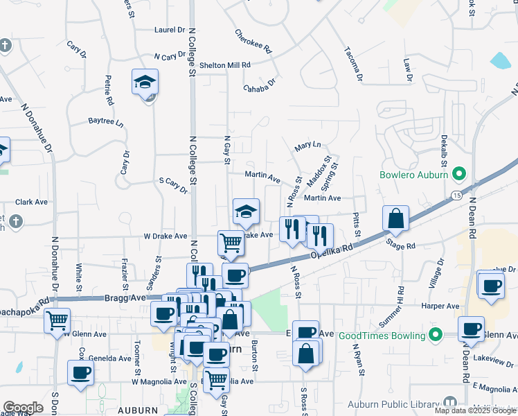 map of restaurants, bars, coffee shops, grocery stores, and more near 538 Hudson Terrace in Auburn