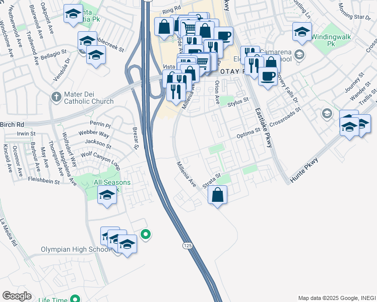 map of restaurants, bars, coffee shops, grocery stores, and more near S Bay Expy in Chula Vista