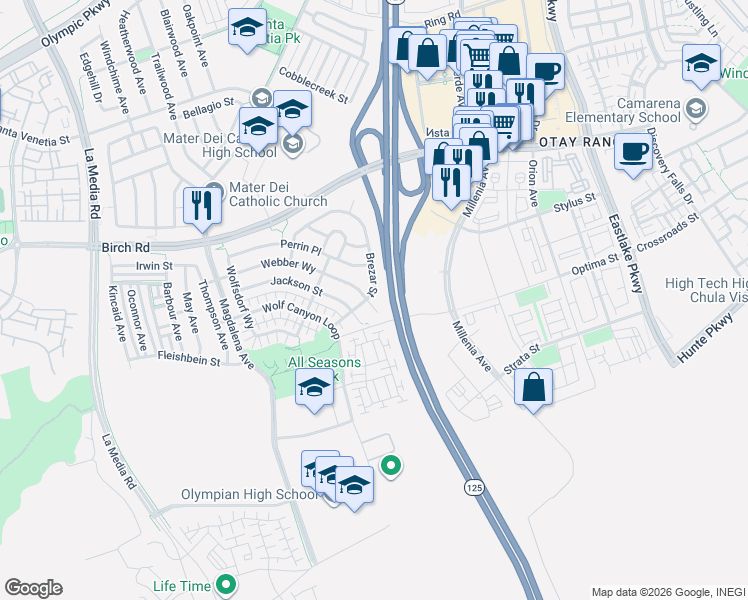 map of restaurants, bars, coffee shops, grocery stores, and more near 1721 Brezar Street in Chula Vista