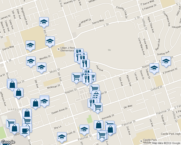 map of restaurants, bars, coffee shops, grocery stores, and more near 1051 Del Mar Avenue in Chula Vista