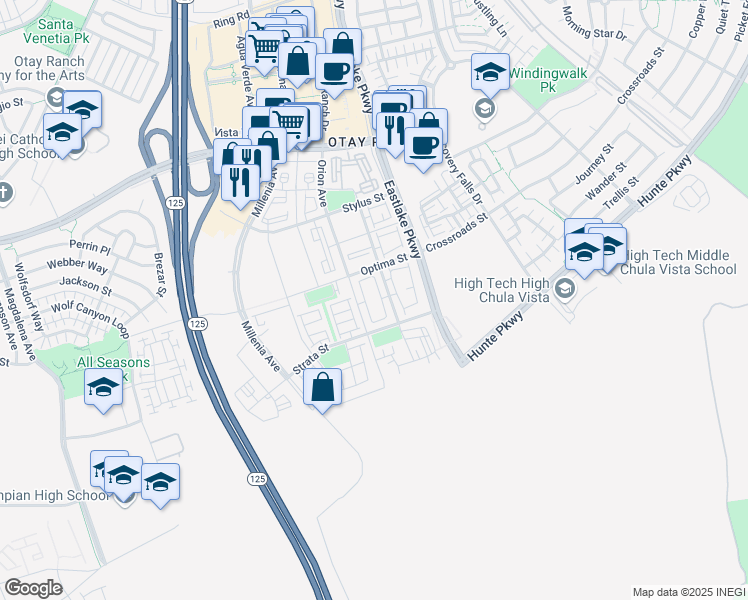 map of restaurants, bars, coffee shops, grocery stores, and more near 3001 Bravo Loop in Chula Vista