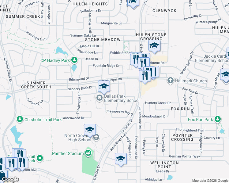 map of restaurants, bars, coffee shops, grocery stores, and more near 4500 Pine Grove Lane in Fort Worth