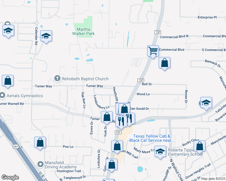 map of restaurants, bars, coffee shops, grocery stores, and more near 3506 Heathcliff Drive in Mansfield