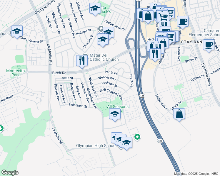 map of restaurants, bars, coffee shops, grocery stores, and more near 1827 Wolf Canyon Loop in Chula Vista