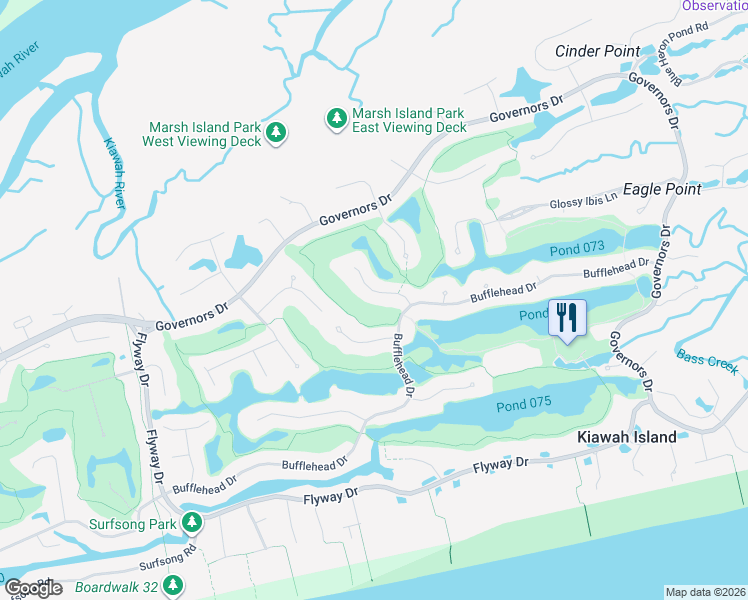 map of restaurants, bars, coffee shops, grocery stores, and more near 580 Whimbrel Road in Kiawah Island